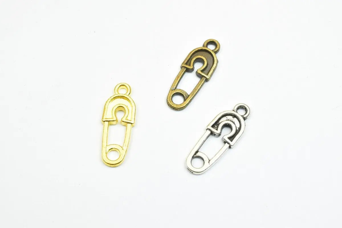 12PCs Safety Pin Pendant Alloy Charm Gold/Antique Green/Antique Silver Beads Size 19x7mm JumpRing 1.5mm Decorative Design Jewelry Making - BeadsFindingDepot