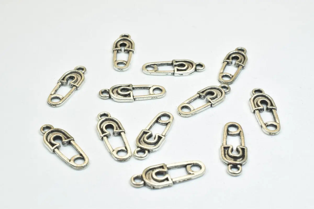 12PCs Safety Pin Pendant Alloy Charm Gold/Antique Green/Antique Silver Beads Size 19x7mm JumpRing 1.5mm Decorative Design Jewelry Making - BeadsFindingDepot