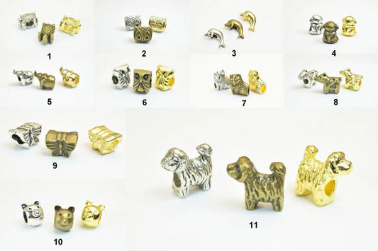 Bead charms in various animal shapes, silver and gold tones, ideal for jewelry making.