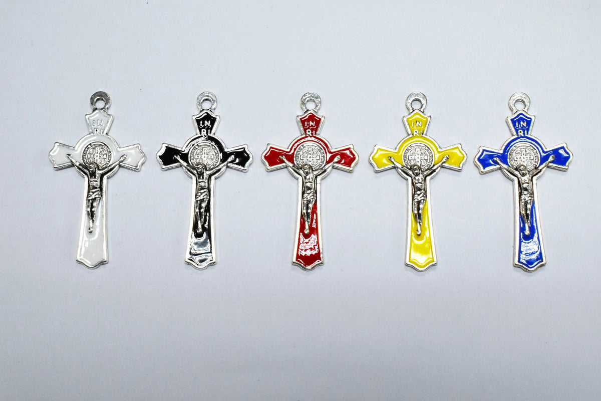 6 PCs Jesus Color Cross Charm Pendant Silver Base Metal Alloy Size 28x50mm For Jewelry Making and Wholesale White/Black/Yellow/Red/Blue - BeadsFindingDepot