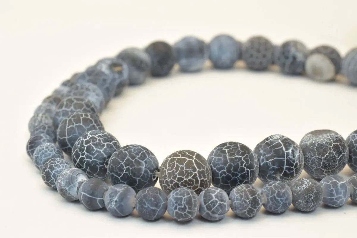 Efflorescence Matte Black Lace Gemstone Beads Agate 6mm8mm10mm Round - BeadsFindingDepot