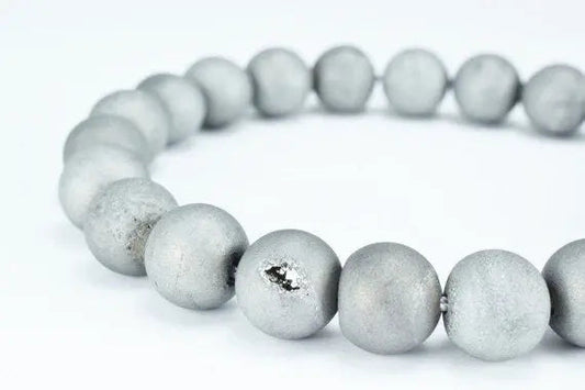 Frosted Silver Druzy Round Beads 8mm 10mm Natural Stones for Jewelry - BeadsFindingDepot