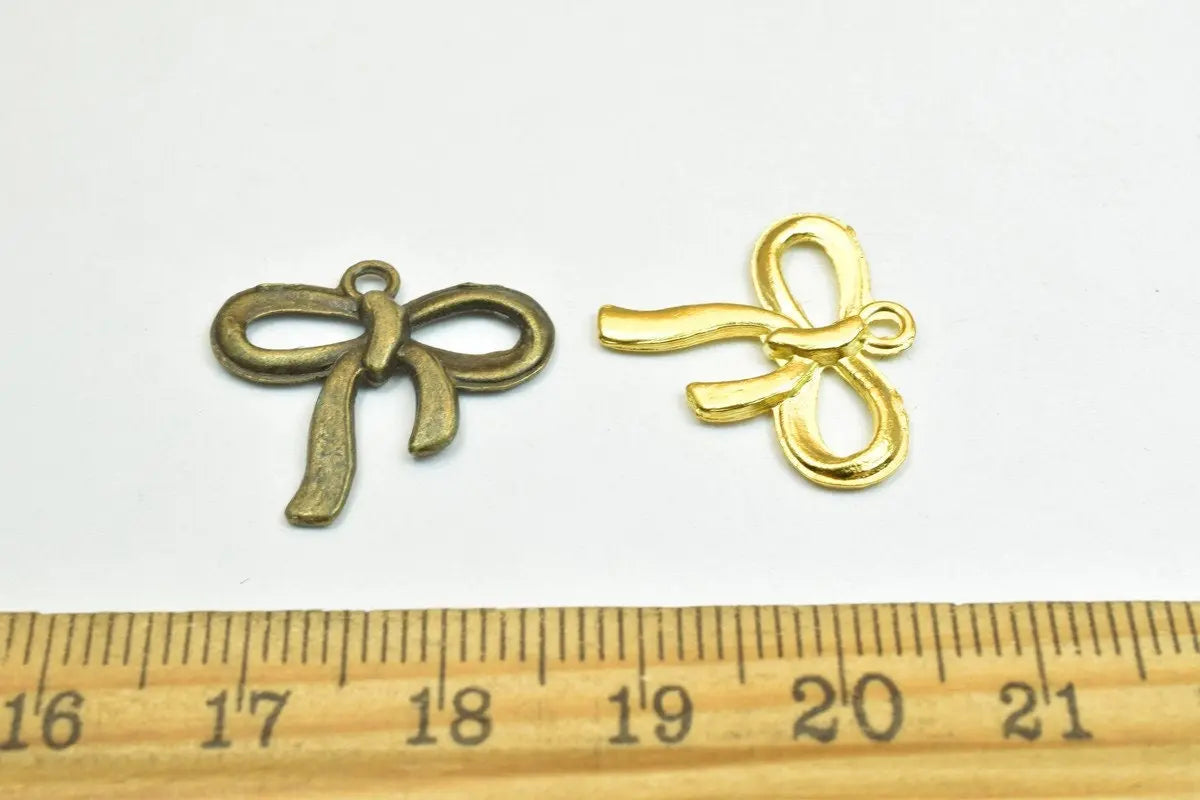18PCs Bow Tie Charm Antique Green/Gold Alloy Bow knot Gift Christmas Size 18x19.5mm Thickness 1mm Jump Ring 2mm Decorative Jewelry Making - BeadsFindingDepot