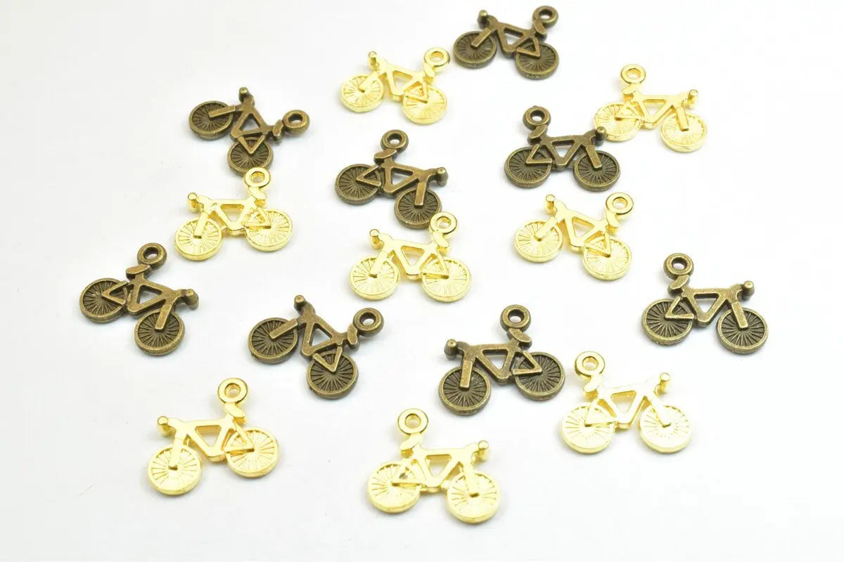 16 PCs Bicycle Charm Pendants Antique Green/Gold Beads Base Metal Alloy Pendant Size 15x16mm Jump Ring Size 1mm For Jewelry Making - BeadsFindingDepot