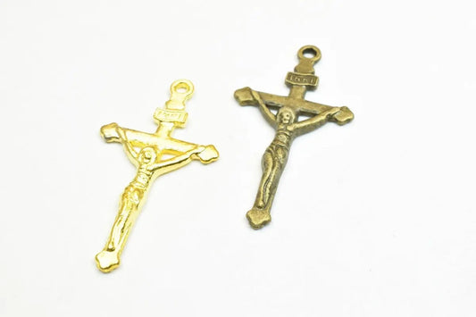 8 PCs Jesus Cross Charm Pendants Antique Green/Gold Beads Base Metal Alloy Pendant Size 38x20mm Jump Ring Size 1mm For Jewelry Making - BeadsFindingDepot
