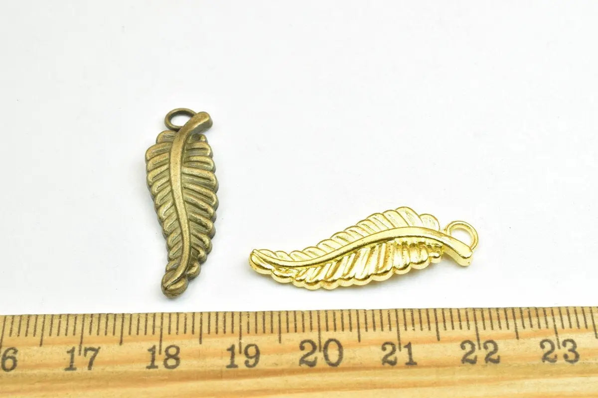 6 PCs Leaf Charm Pendants Antique Green/Gold Beads Metal Alloy Size 31.5x10mm Jump Ring Size 6mm For Jewelry Making - BeadsFindingDepot