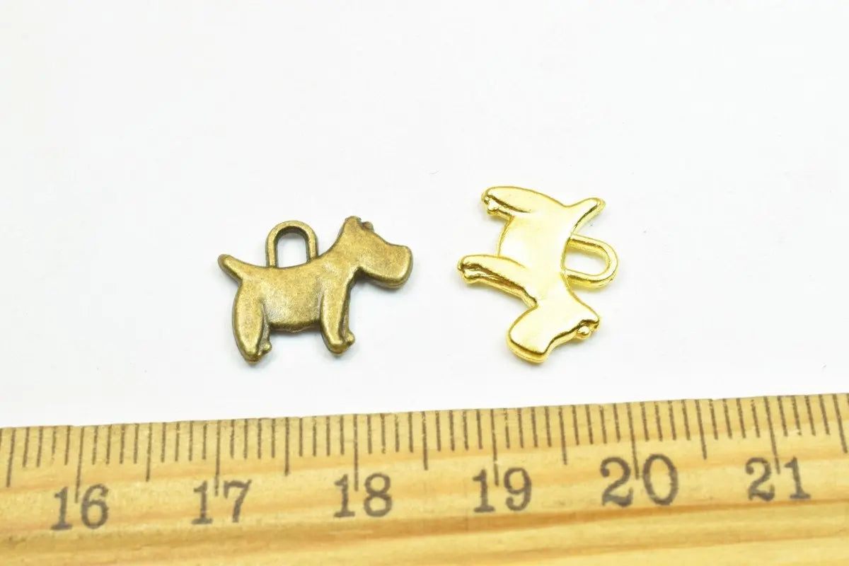 14 PCs Dog Charm Pendant Beads Antique Green/Gold Puppy Size 12x15mm Decorative Design Metal Beads 2mm JumpRing Opening for Jewelry Making - BeadsFindingDepot