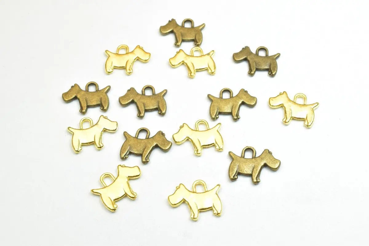 14 PCs Dog Charm Pendant Beads Antique Green/Gold Puppy Size 12x15mm Decorative Design Metal Beads 2mm JumpRing Opening for Jewelry Making - BeadsFindingDepot