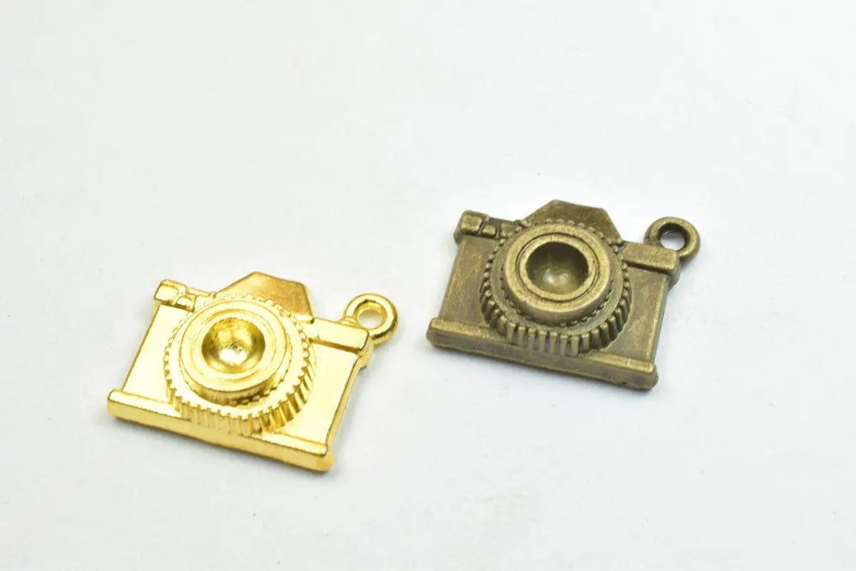 4 PCs Alloy Camera Pendant Charm Antique Green/Gold Size 16x20mm Thickness 6.5mm Jump Ring 2mm Decorative Design For Jewelry Making - BeadsFindingDepot