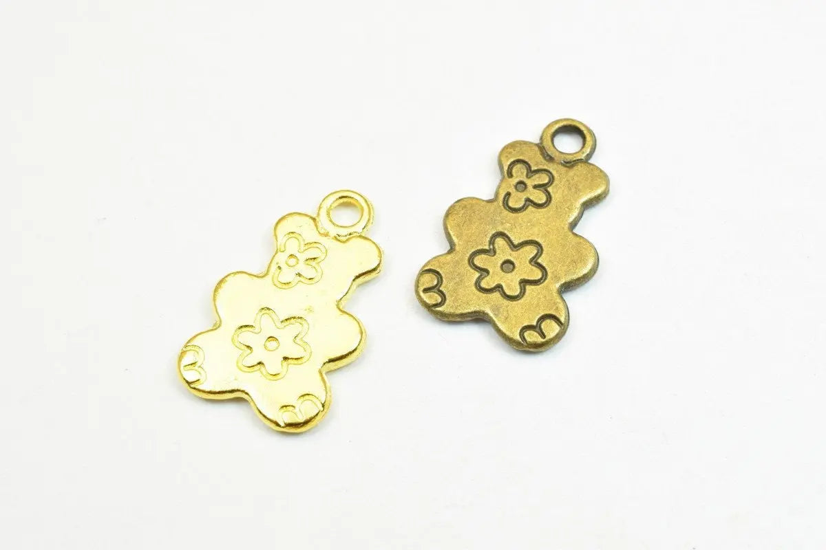 8 PCs Floral Bear Charm Pendant Beads Antique Green/Gold Size 20x12mm Decorative Design Metal Beads Jump Ring 2mm for Jewelry Making - BeadsFindingDepot