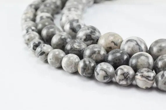 New Gray Map Jasper Picasso Gemstone Round Beads 6.5-12.5mm Natural Stones - BeadsFindingDepot