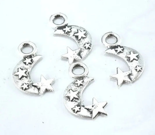 19m Antique Silver Moon Stars Pendant Charm Black accent detailed coloring 3mm Closed loop 25pcs/PK 1mm thickness - BeadsFindingDepot