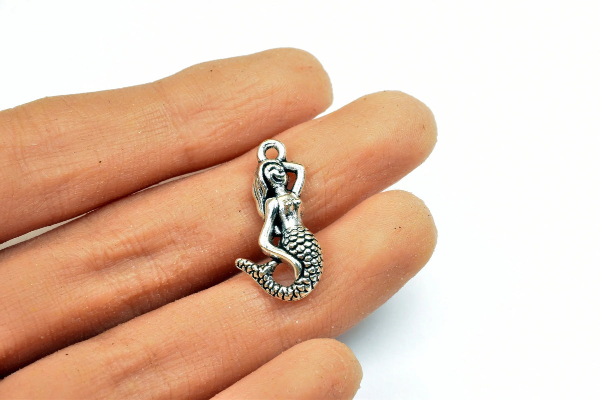 Mermaid Charm Size 24x12mm Silver Color Charm Pendant Finding For Jewelry Making 9 PCs/PK - BeadsFindingDepot