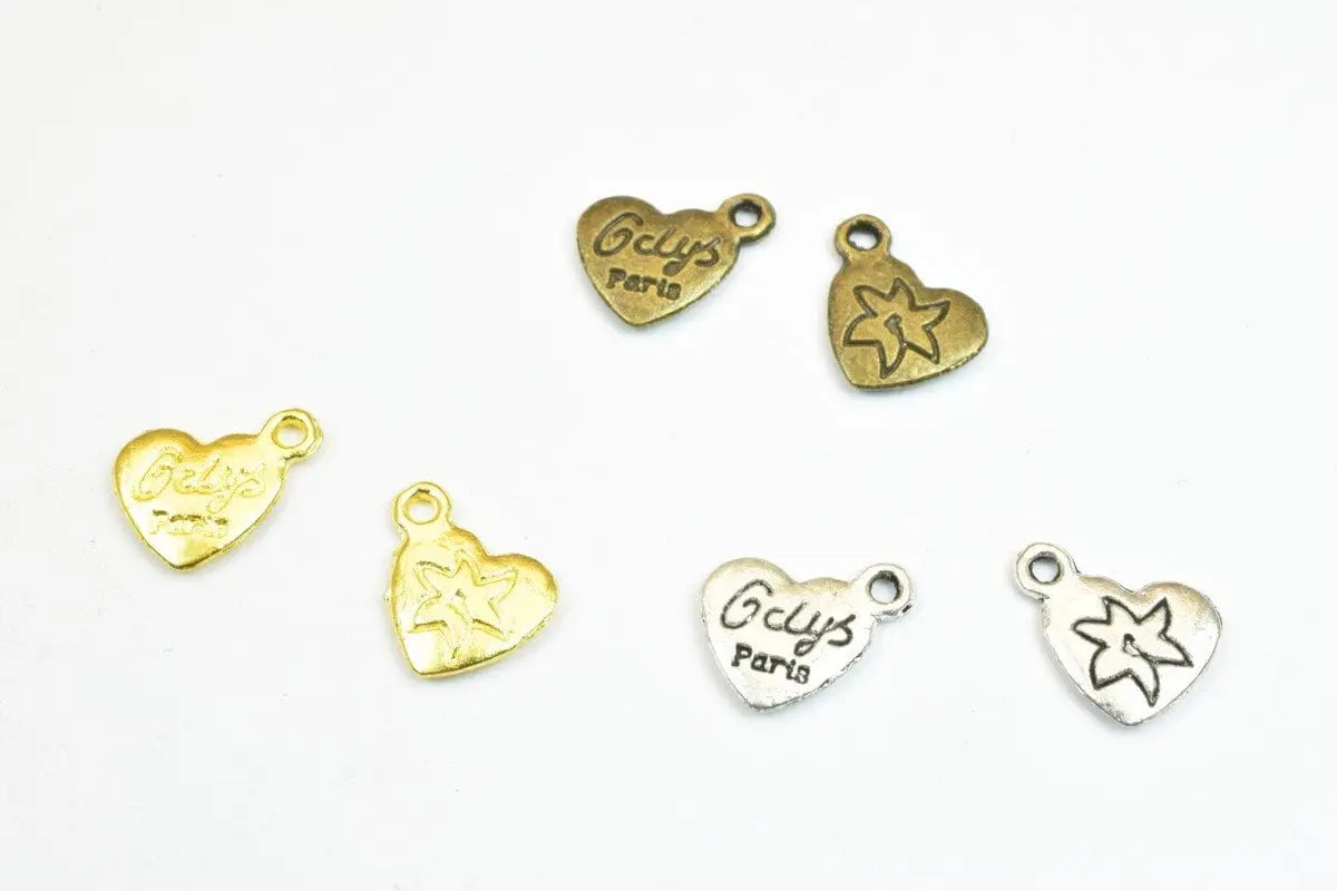 16 PCs Paris Alloy Heart Charm Beads Bronze/Gold/Silver Size 9x12mm Decorative Design Metal Beads 1mm JumpRing Opening for Jewelry Making - BeadsFindingDepot
