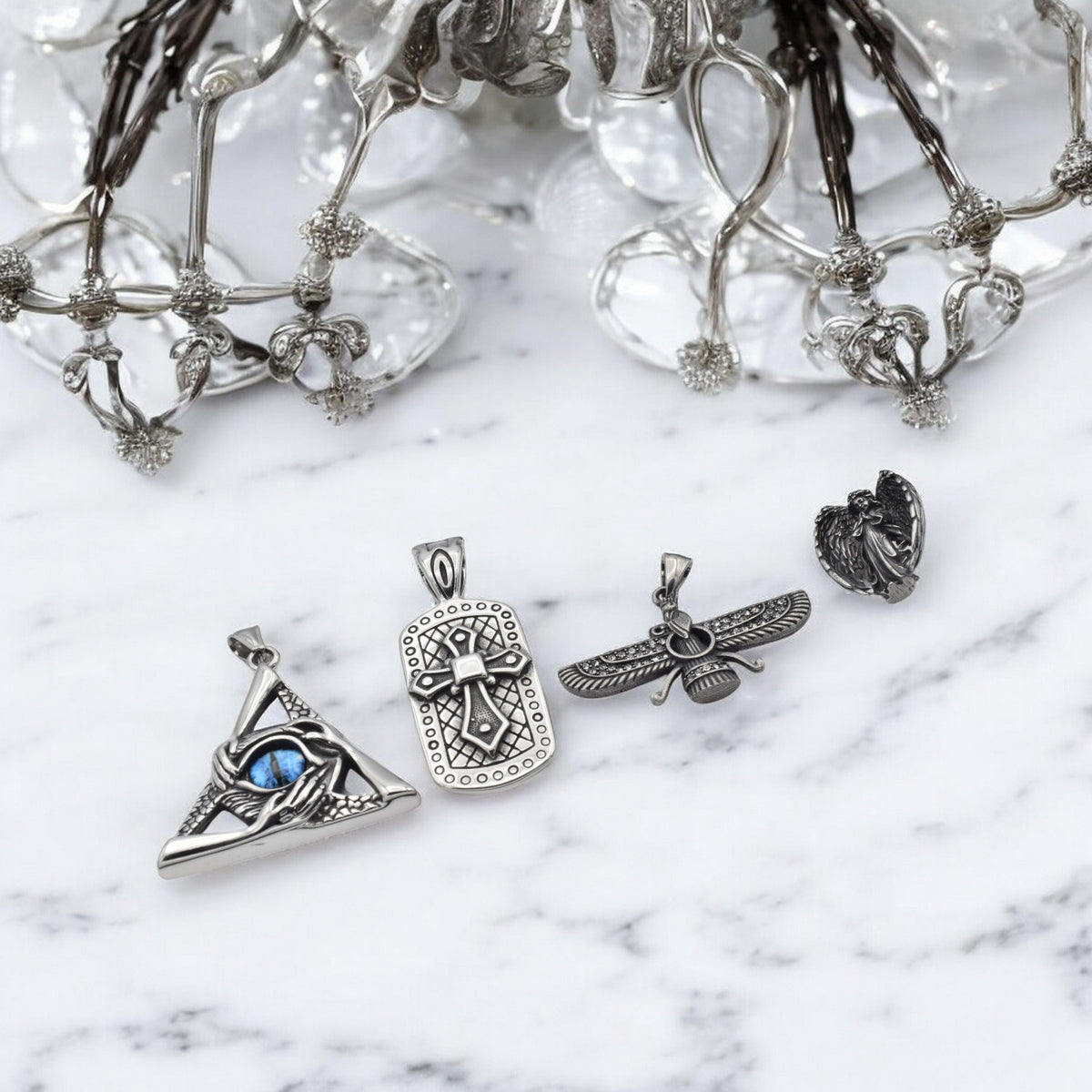 Stainless Steel Pendants for Jewelry Making   Eye of Providence, Cross, Angel & Ahura Mazda jewelry making supplies - deta...
