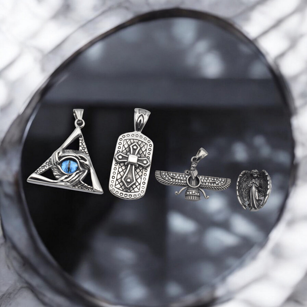 Stainless Steel Pendants for Jewelry Making   Eye of Providence, Cross, Angel & Ahura Mazda jewelry making supplies - deta...