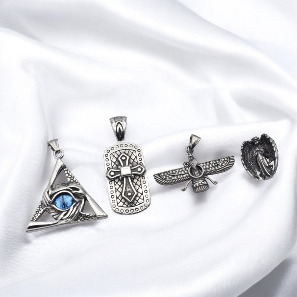Stainless Steel Pendants for Jewelry Making   Eye of Providence, Cross, Angel & Ahura Mazda jewelry making supplies - deta...