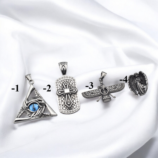 Stainless Steel Pendants for Jewelry Making   Eye of Providence, Cross, Angel & Ahura Mazda jewelry making supplies - deta...