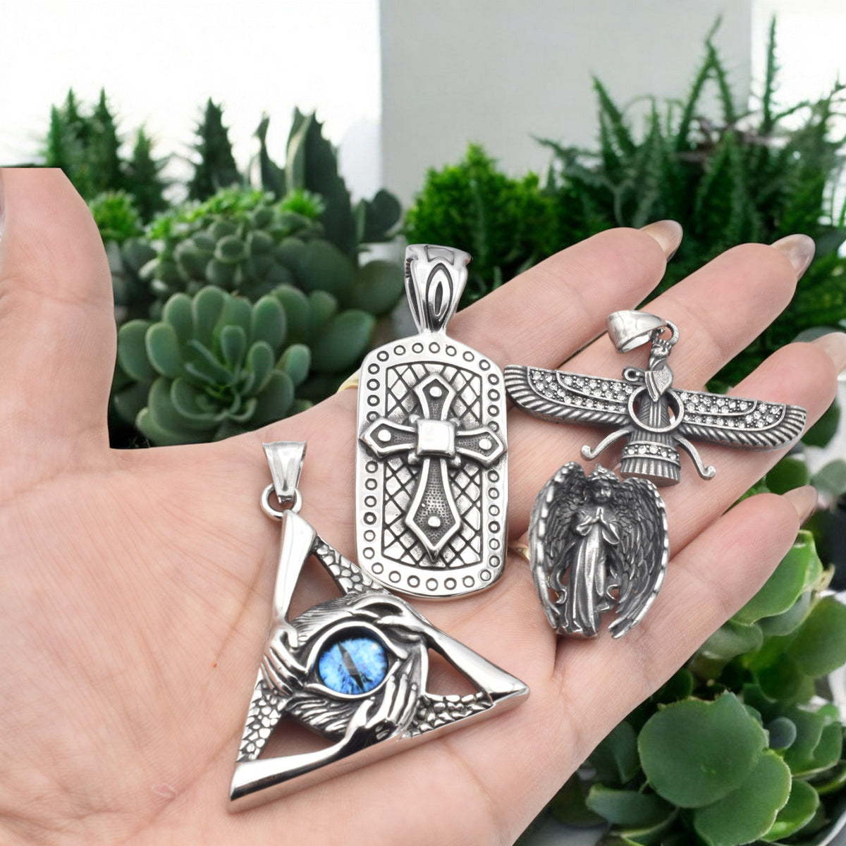 Stainless Steel Pendants for Jewelry Making   Eye of Providence, Cross, Angel & Ahura Mazda jewelry making supplies - deta...
