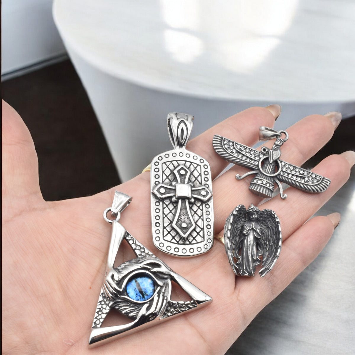 Stainless Steel Pendants for Jewelry Making   Eye of Providence, Cross, Angel & Ahura Mazda jewelry making supplies - deta...