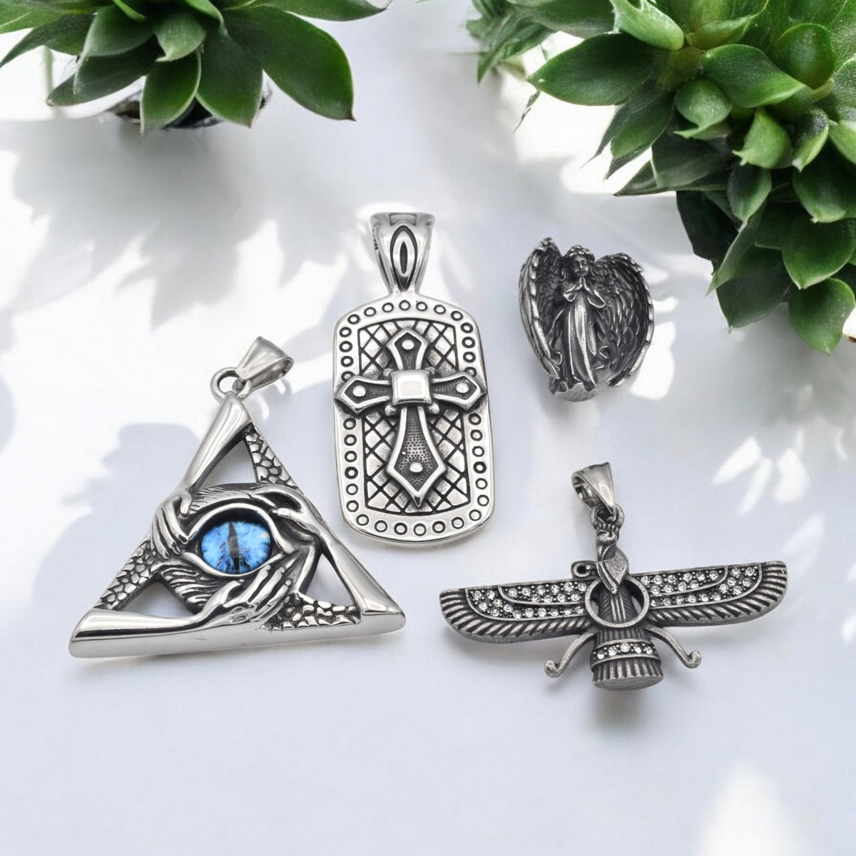 Stainless Steel Pendants for Jewelry Making   Eye of Providence, Cross, Angel & Ahura Mazda jewelry making supplies - deta...