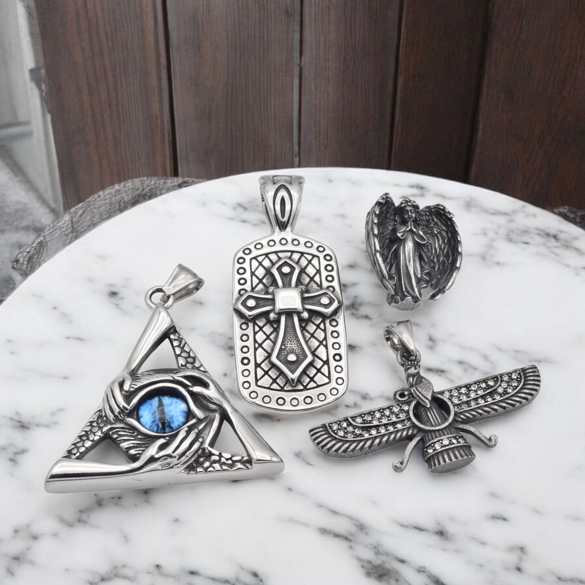 Stainless Steel Pendants for Jewelry Making   Eye of Providence, Cross, Angel & Ahura Mazda jewelry making supplies - deta...