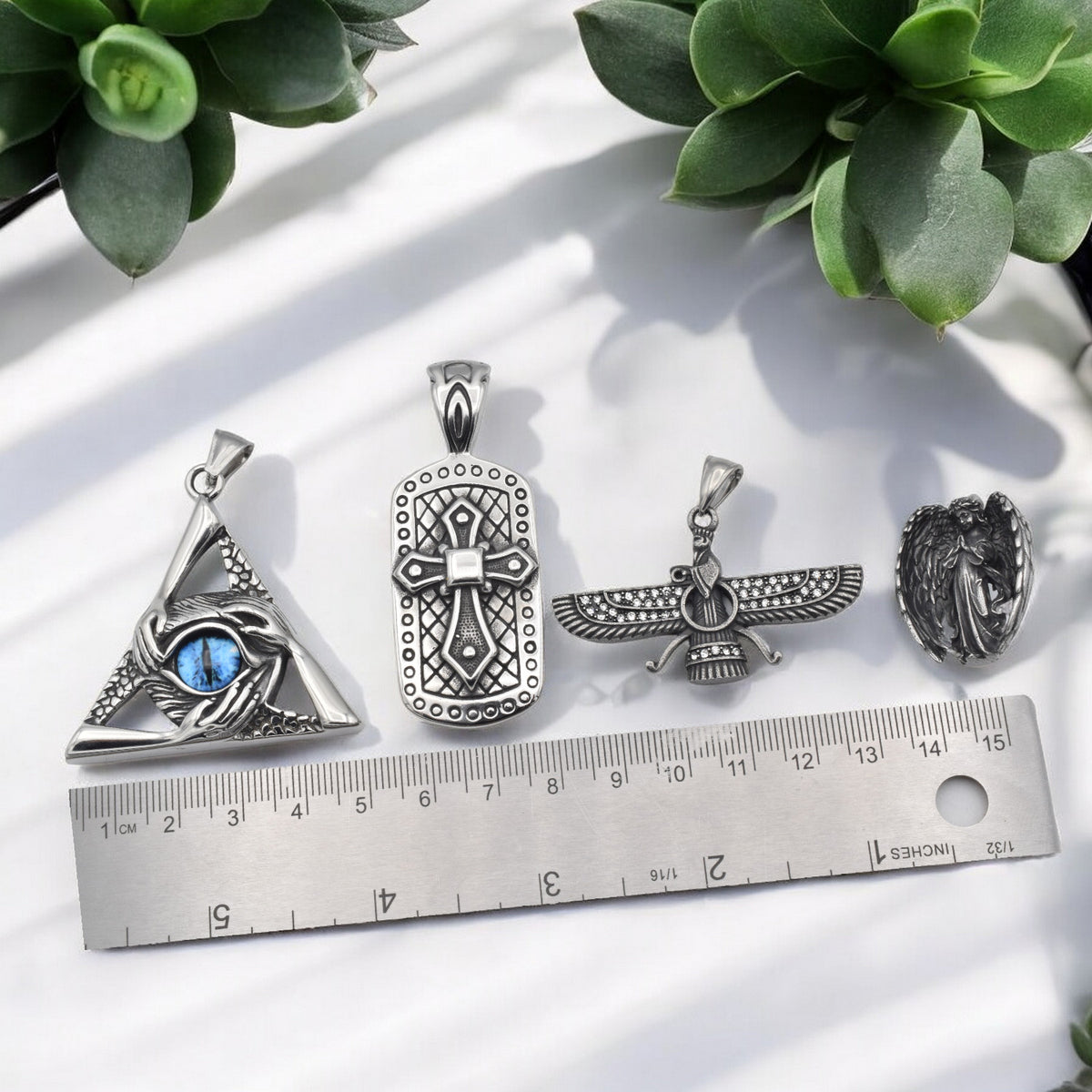 Stainless Steel Pendants for Jewelry Making   Eye of Providence, Cross, Angel & Ahura Mazda jewelry making supplies - deta...