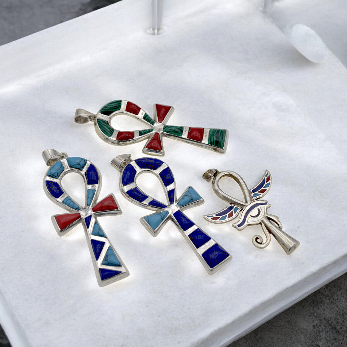 Sterling Silver Egyptian Ankh Pendants | Malachite, Lapis, Turquoise & Coral jewelry making supplies - detail image 3