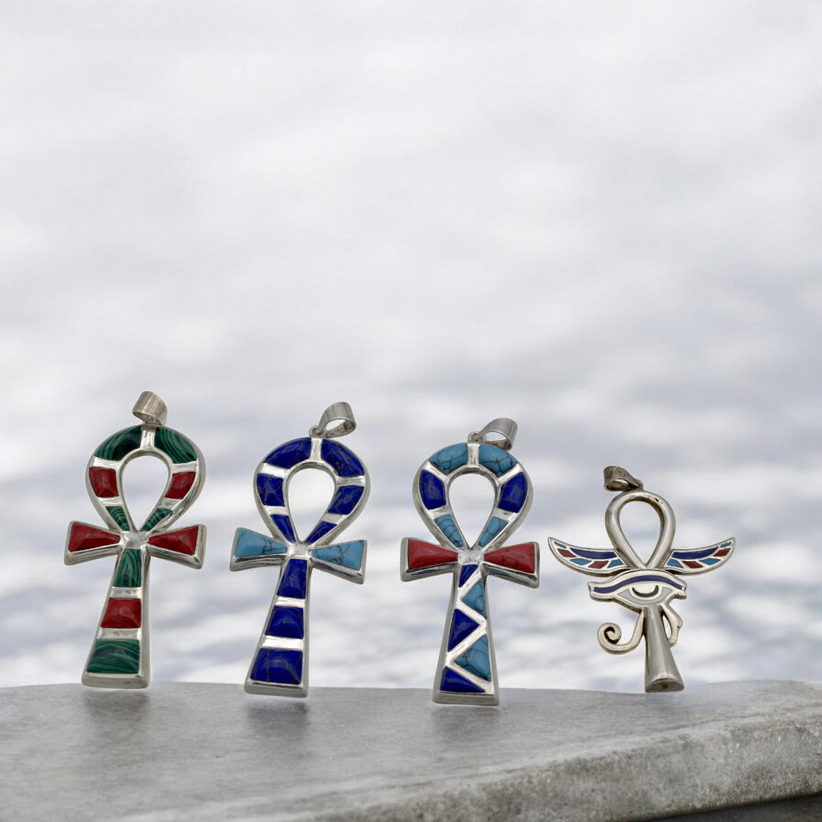 Sterling Silver Egyptian Ankh Pendants | Malachite, Lapis, Turquoise & Coral jewelry making supplies - detail image 6