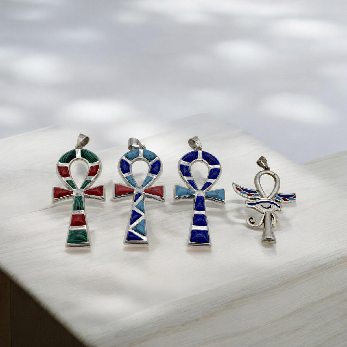 Sterling Silver Egyptian Ankh Pendants | Malachite, Lapis, Turquoise & Coral jewelry making supplies - detail image 4