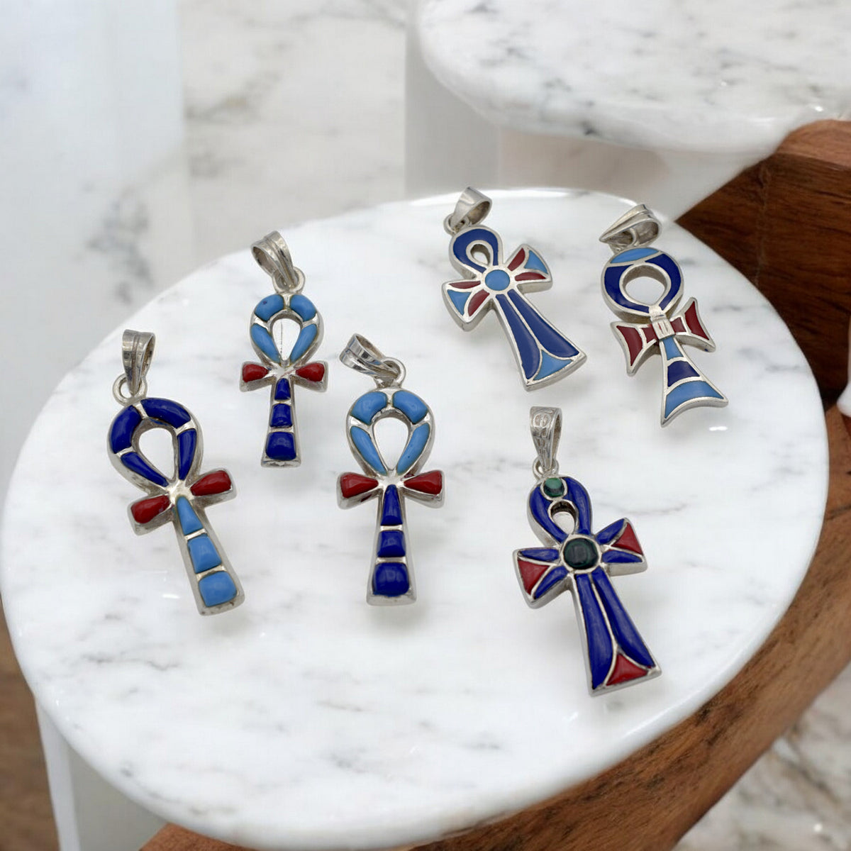 Sterling Silver Ankh Pendant with Lapis, Turquoise & Coral jewelry making supplies - detail image 4