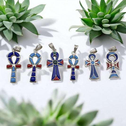 Sterling Silver Ankh Pendant with Lapis, Turquoise & Coral jewelry making supplies - detail image 2