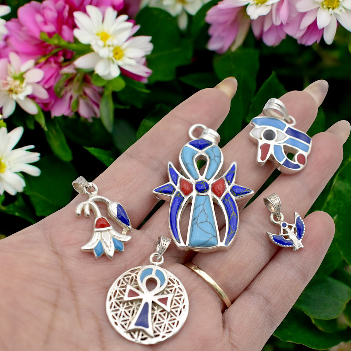 Sterling Silver Egyptian Pendants   Ankh, Eye of Horus, Isis & Lotus jewelry making supplies - detail image 7