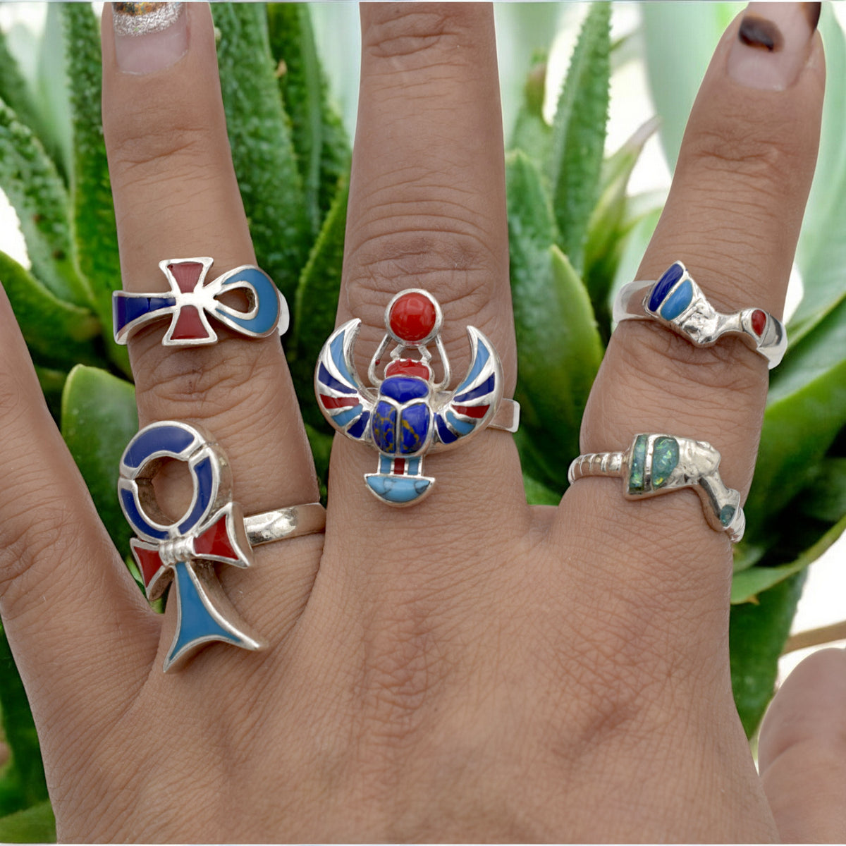 Sterling Silver Egyptian Rings   Adjustable Ankh, Nefertiti, Scarab jewelry making supplies - detail image 5