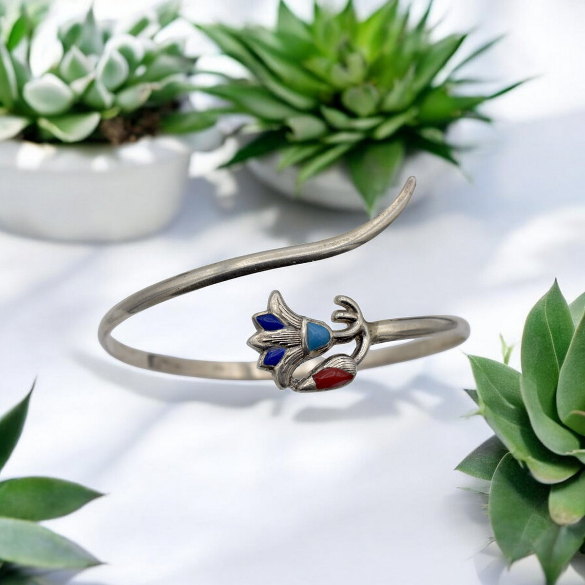Sterling Silver Lotus Flower Bracelet with Lapis, Turquoise & Coral   Adjustable Cuff jewelry making supplies - detail ima...