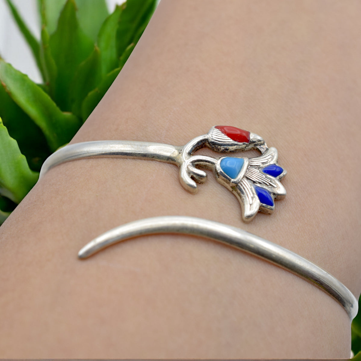 Sterling Silver Lotus Flower Bracelet with Lapis, Turquoise & Coral   Adjustable Cuff jewelry making supplies - detail ima...