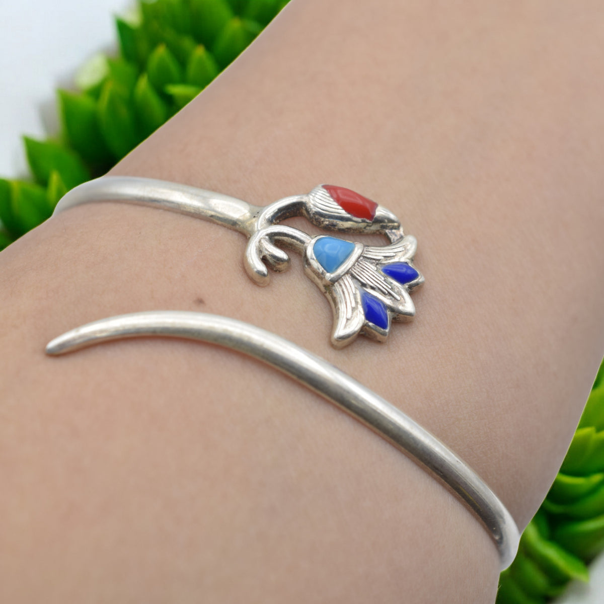 Sterling Silver Lotus Flower Bracelet with Lapis, Turquoise & Coral   Adjustable Cuff jewelry making supplies - detail ima...
