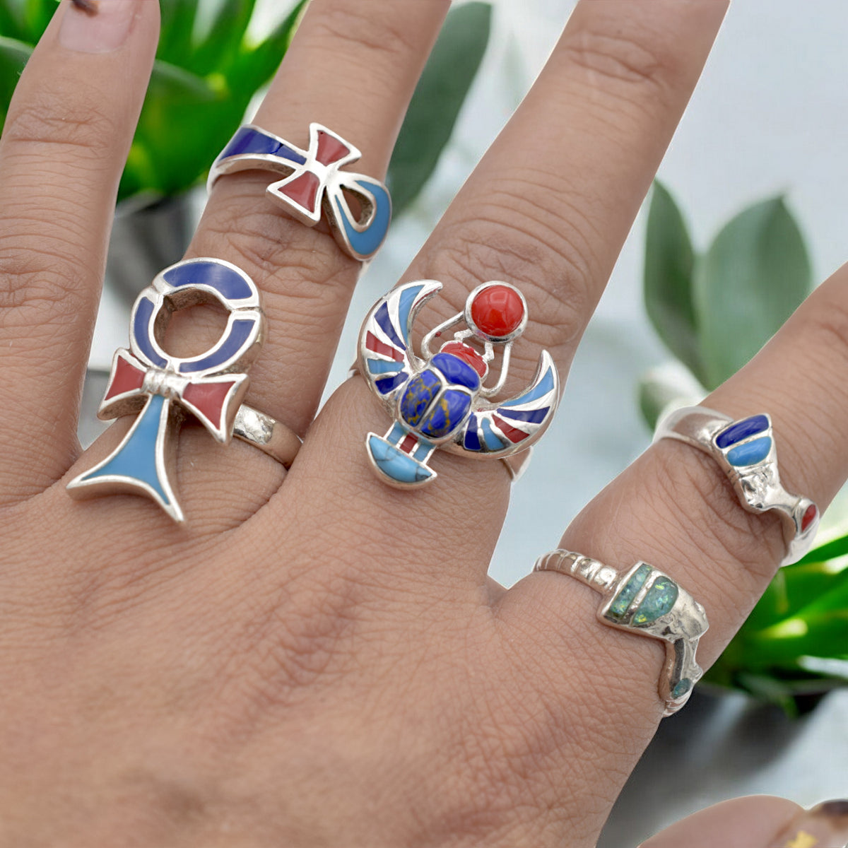 Sterling Silver Egyptian Rings   Adjustable Ankh, Nefertiti, Scarab jewelry making supplies - detail image 4