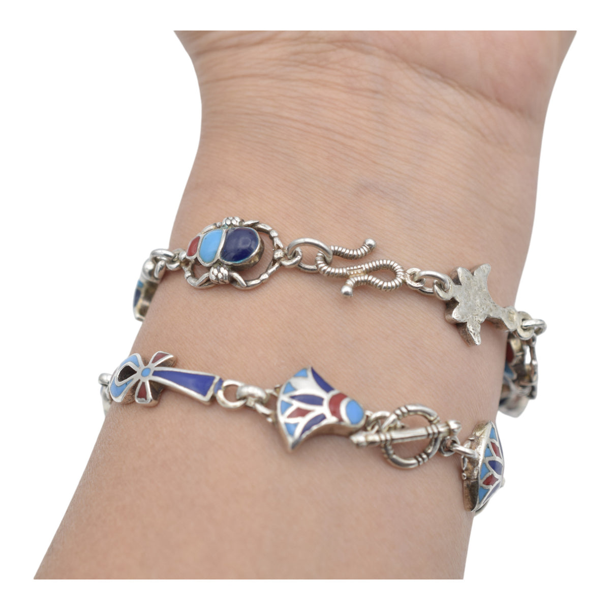 Sterling Silver Egyptian Bracelet with Ankh, Scarab & Lotus | Lapis, Turquoise & Coral Stones jewelry making supplies - de...
