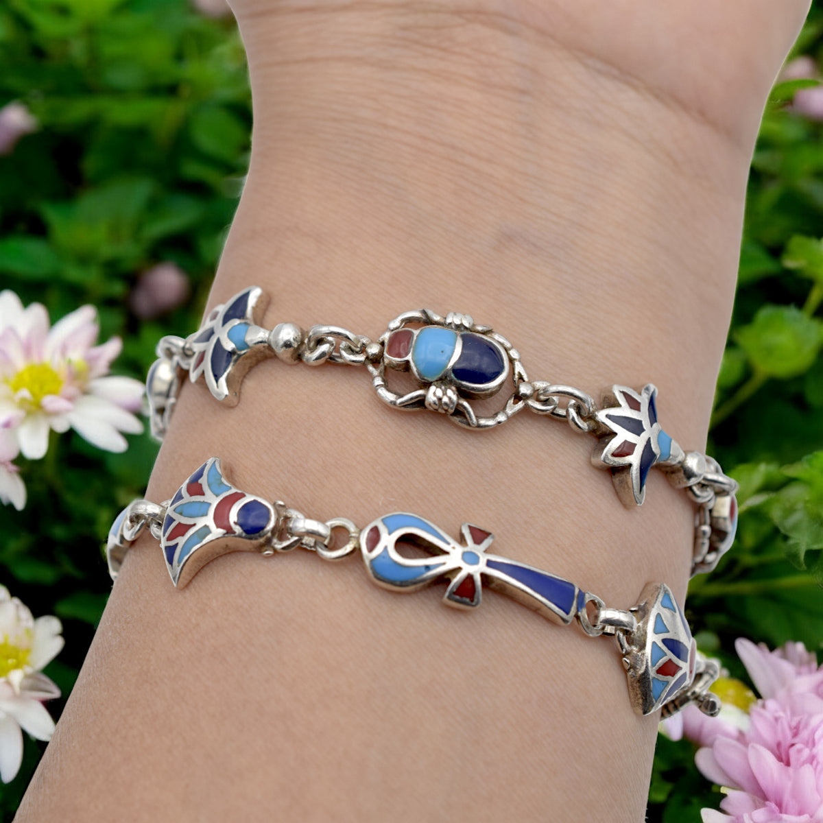 Sterling Silver Egyptian Bracelet with Ankh, Scarab & Lotus | Lapis, Turquoise & Coral Stones jewelry making supplies - de...
