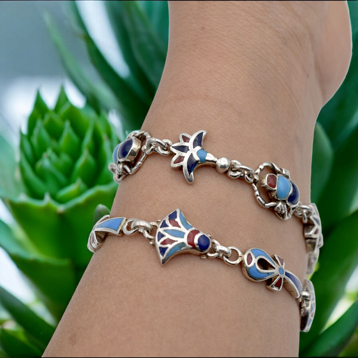 Sterling Silver Egyptian Bracelet with Ankh, Scarab & Lotus | Lapis, Turquoise & Coral Stones jewelry making supplies - de...