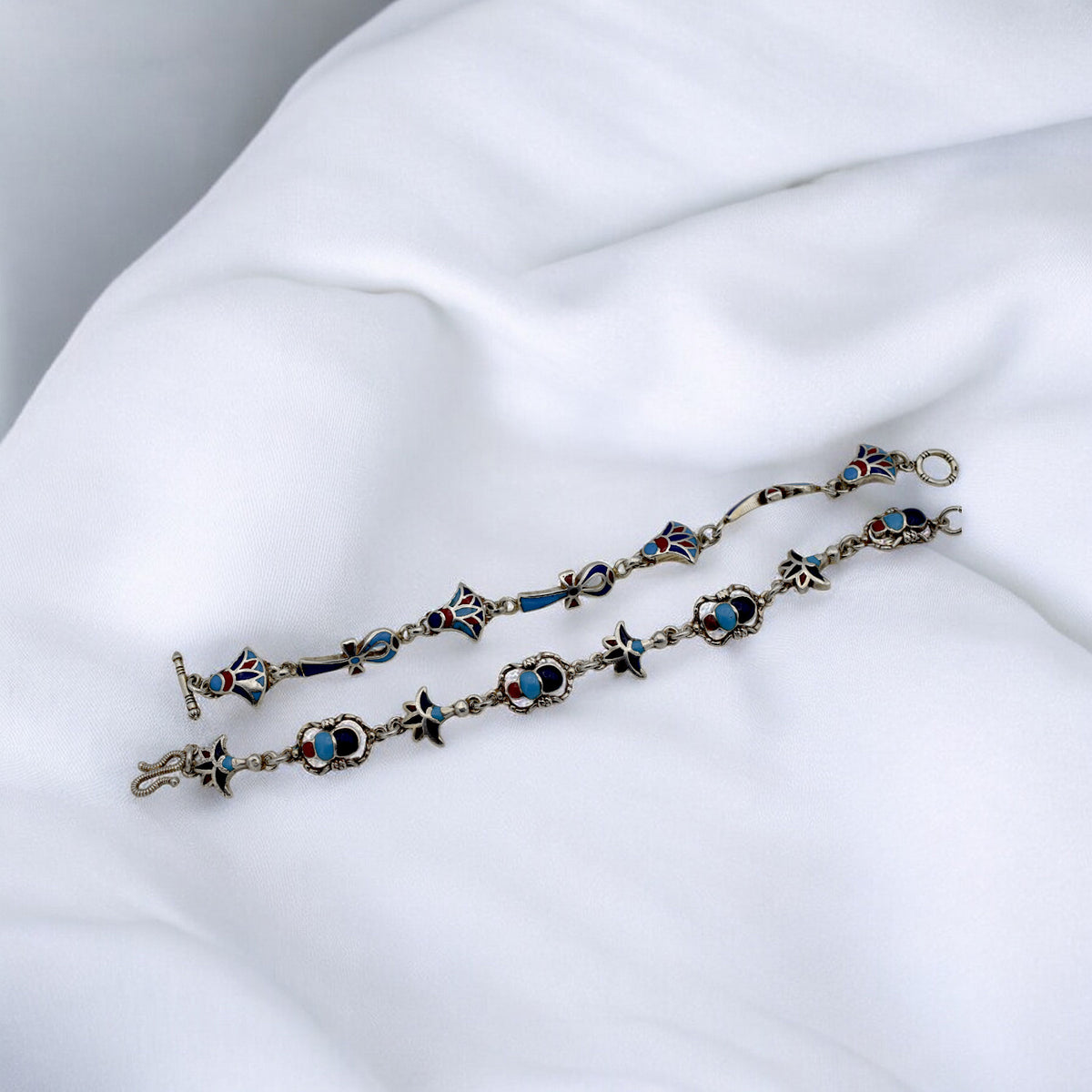 Sterling Silver Egyptian Bracelet with Ankh, Scarab & Lotus | Lapis, Turquoise & Coral Stones jewelry making supplies - de...