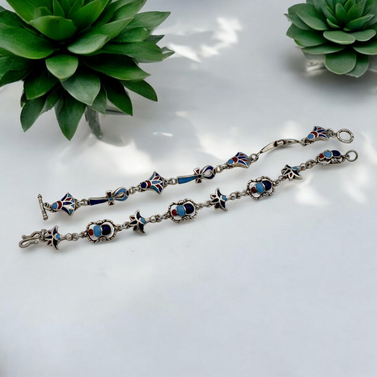 Sterling Silver Egyptian Bracelet with Ankh, Scarab & Lotus | Lapis, Turquoise & Coral Stones jewelry making supplies - de...