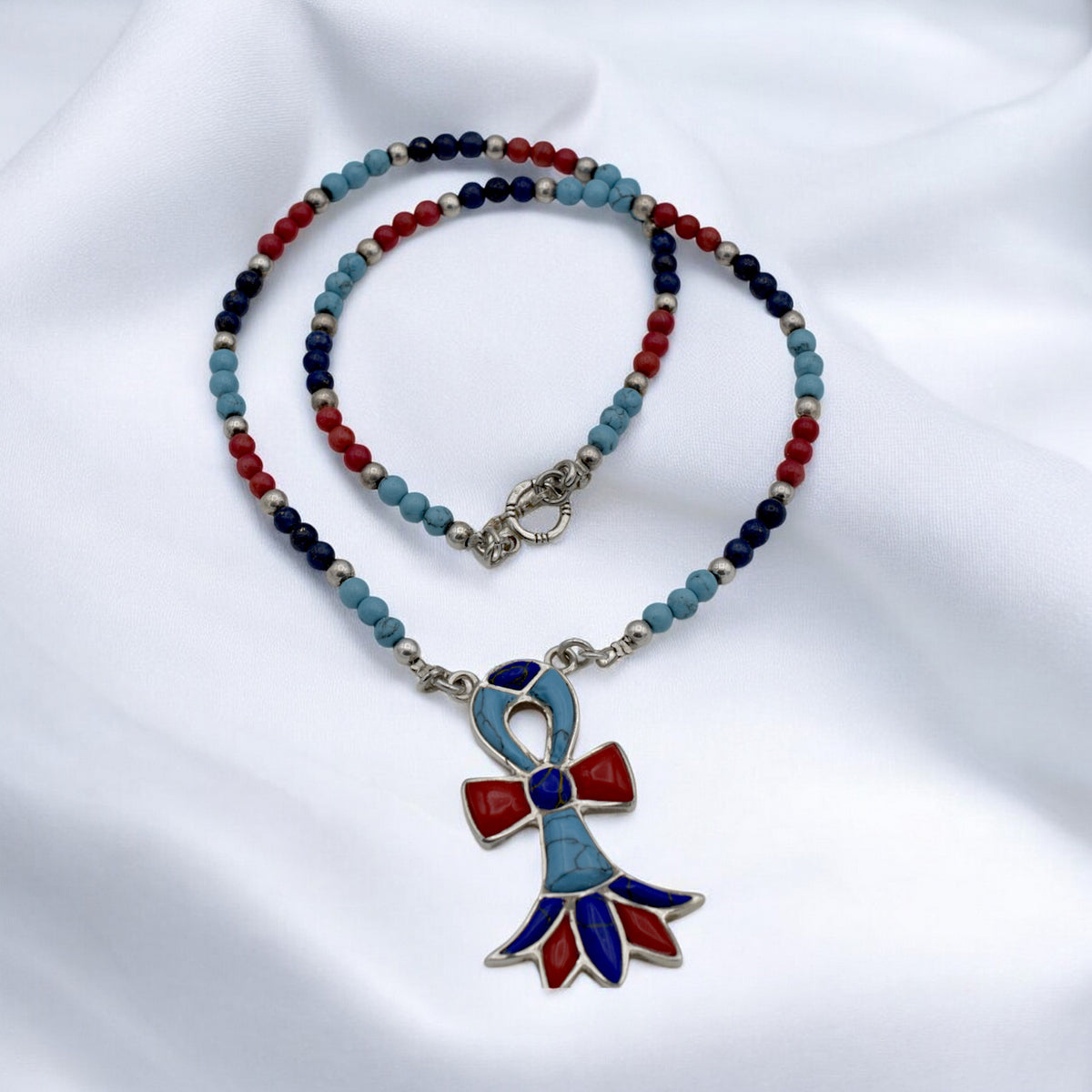 Sterling Silver Handmade Ankh Necklace with Turquoise & Coral Beads jewelry making supplies - detail image 6