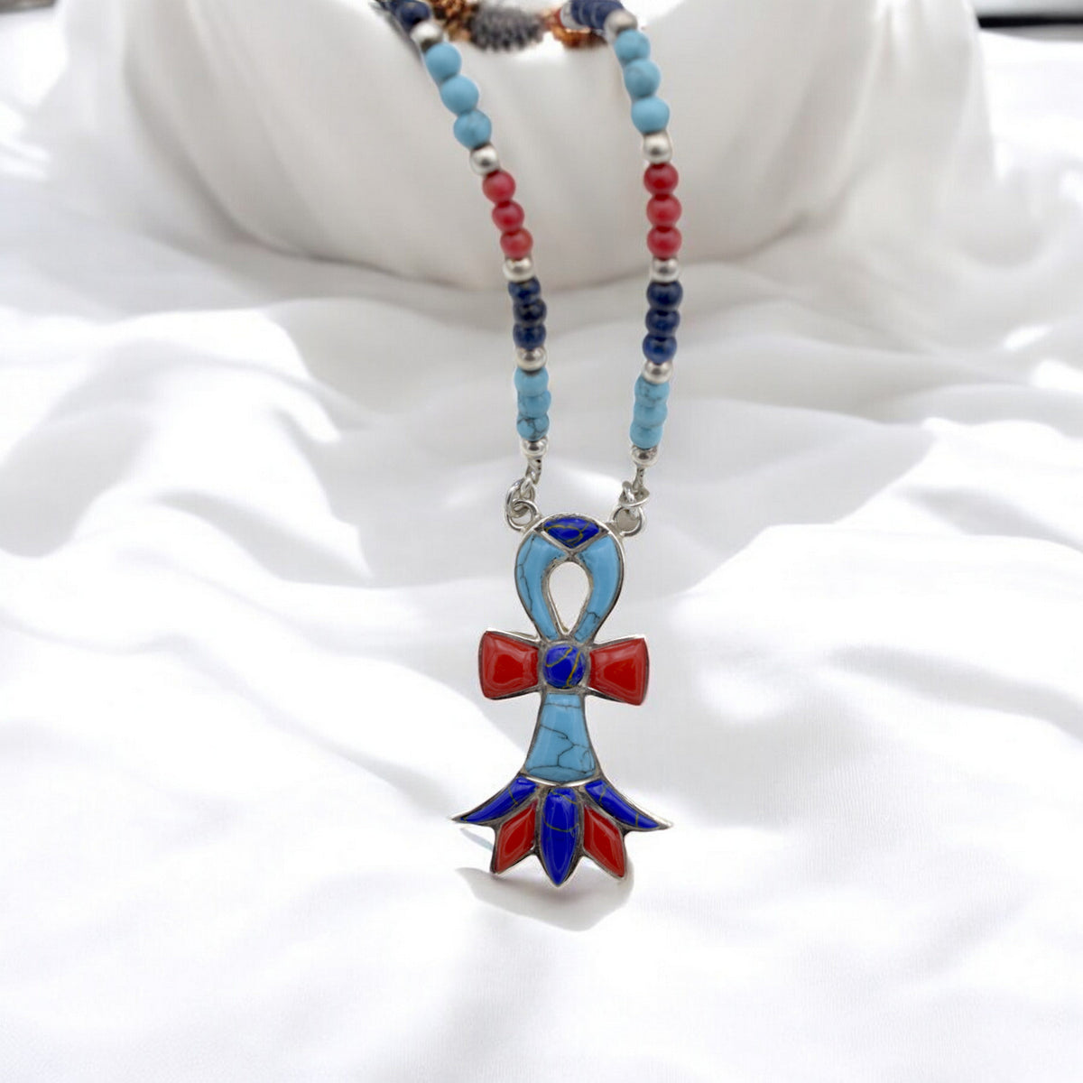 Sterling Silver Handmade Ankh Necklace with Turquoise & Coral Beads jewelry making supplies - detail image 5