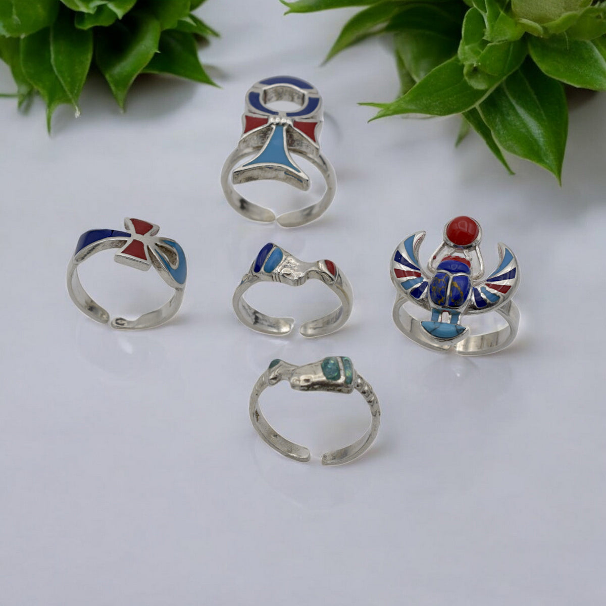 Sterling Silver Egyptian Rings   Adjustable Ankh, Nefertiti, Scarab jewelry making supplies - detail image 2