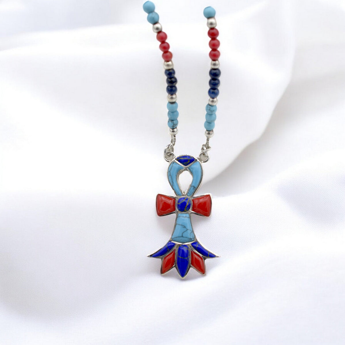 Sterling Silver Handmade Ankh Necklace with Turquoise & Coral Beads jewelry making supplies - detail image 4