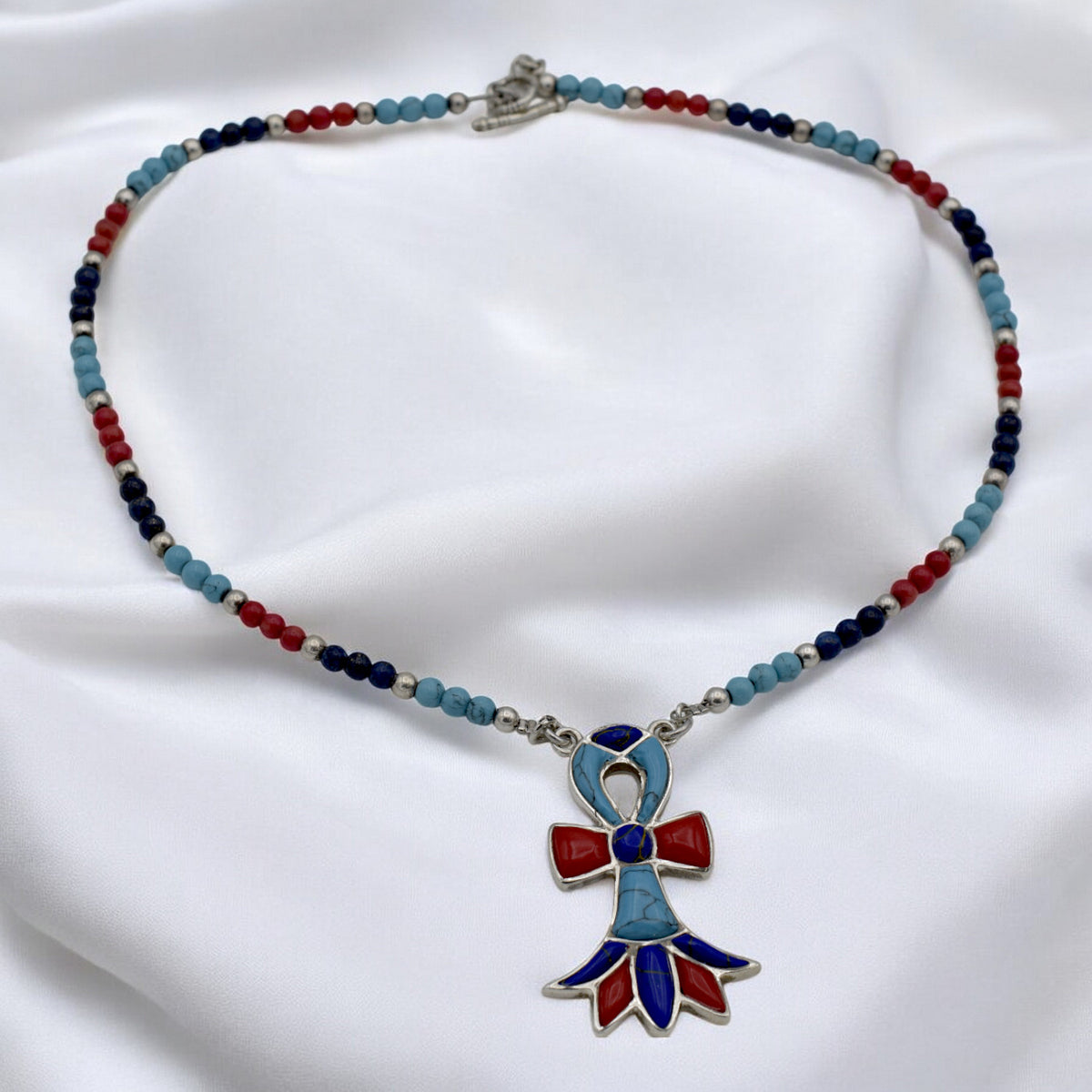 Sterling Silver Handmade Ankh Necklace with Turquoise & Coral Beads jewelry making supplies - detail image 3