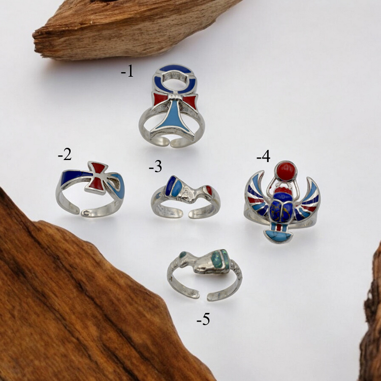 Sterling Silver Egyptian Rings   Adjustable Ankh, Nefertiti, Scarab jewelry making supplies - detail image 3