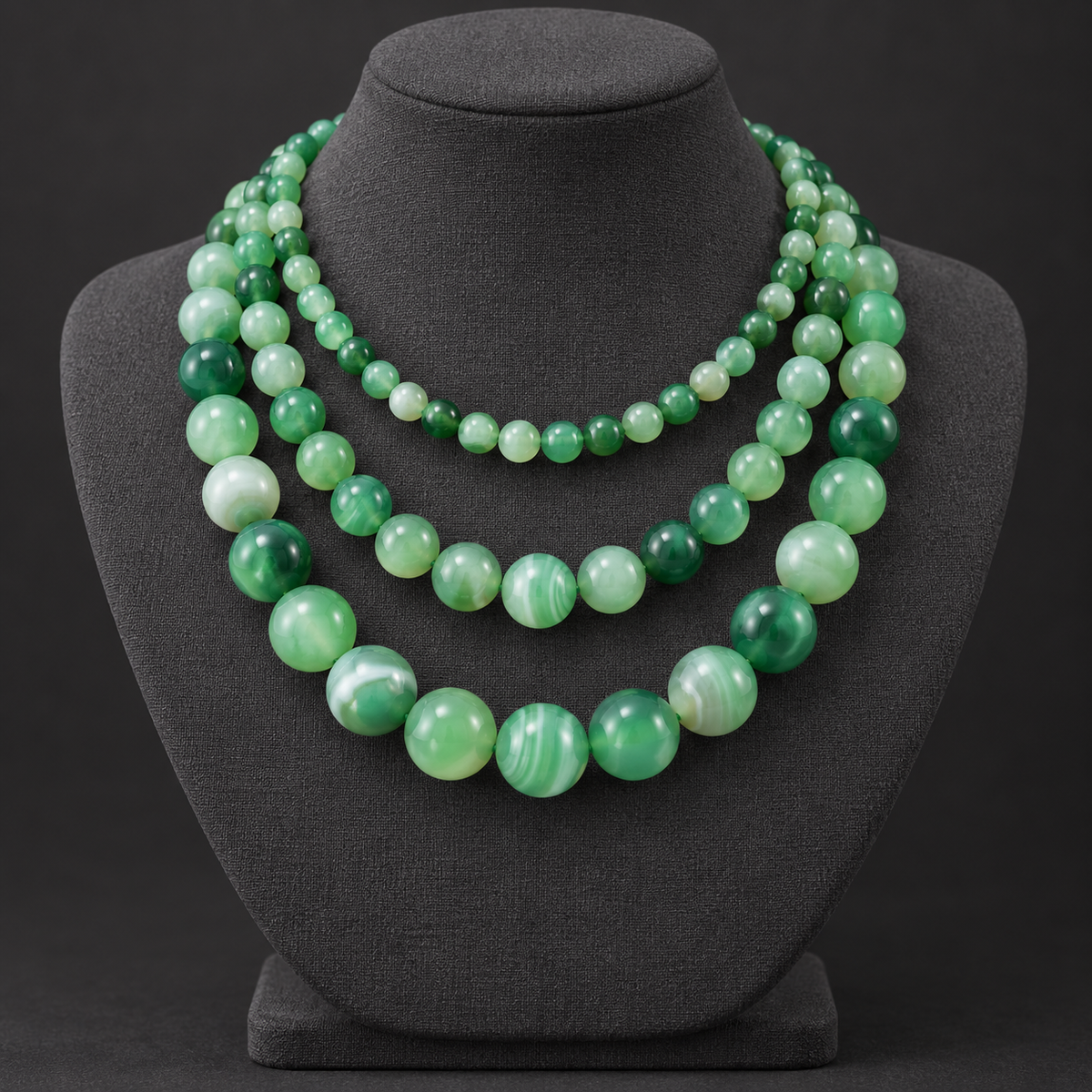 Green lace agate bead strands on a neck display